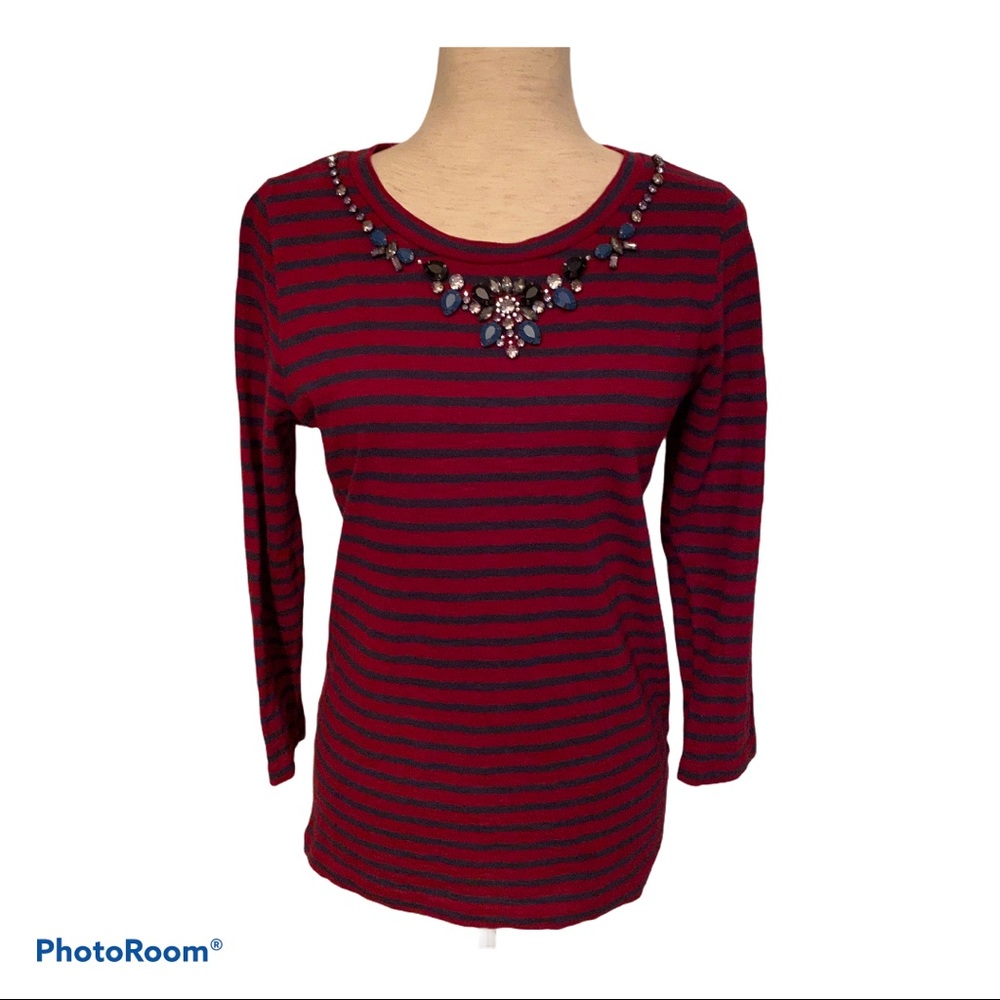 J. CREW TOP TEE RED BLUE STRIPE RHINESTONE BEADING Size S